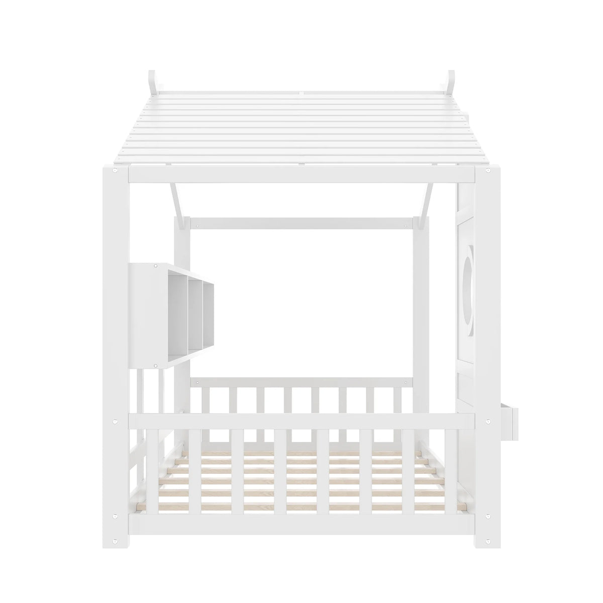 Miniyam Twin Size Montessori Floor House Bed with Roof Design and Storage Shelf for Kids, White