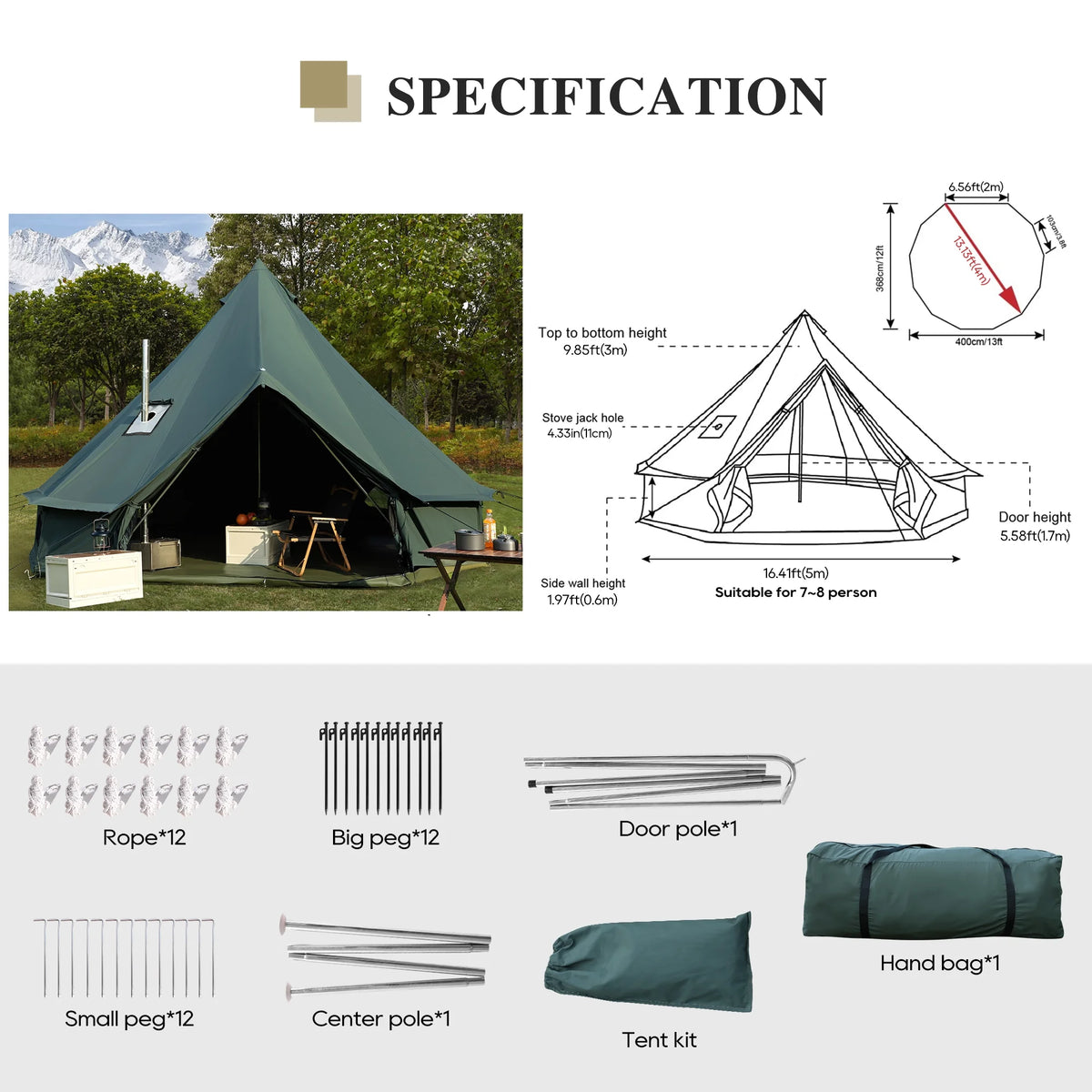 LVUYOYO Bell Tent for Camping, Cotton Canvas Bell Tent with Stove Jack, Outdoor Canvas Bell Tent for Family Glamping Camping, 4 Season Tent with Zipped Removable Floor,5M,Green