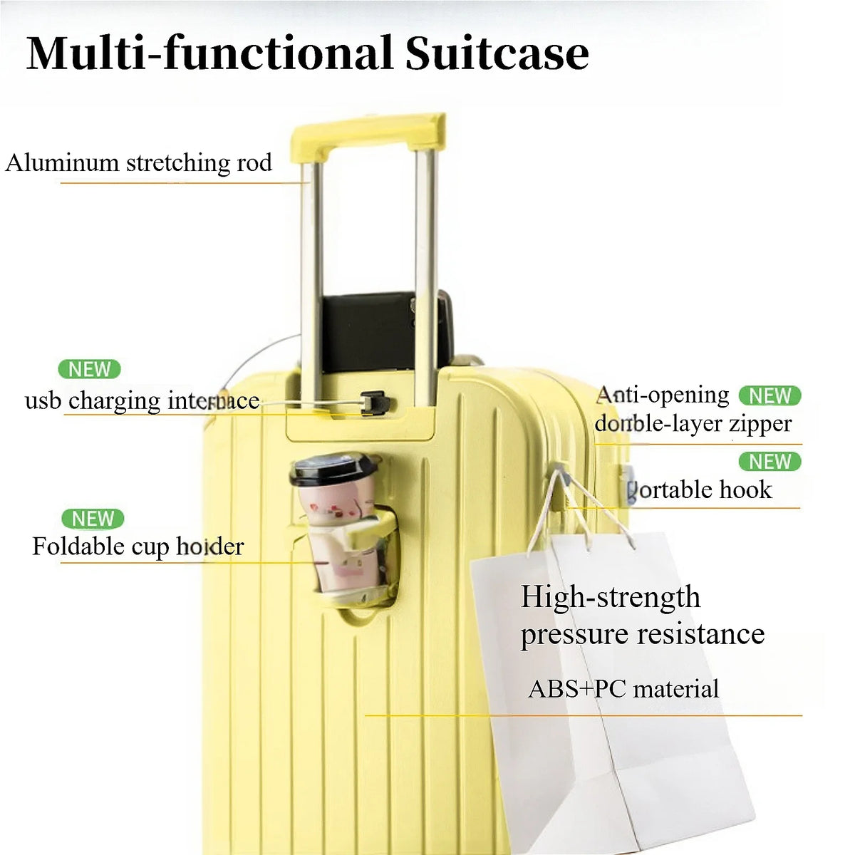 20" Expandable Luggage with Spinner Wheels+UBS+Cup Holder+Side Hooks ,ABS+PC,Multifunctional Suitcases with Wheels(BLUE)