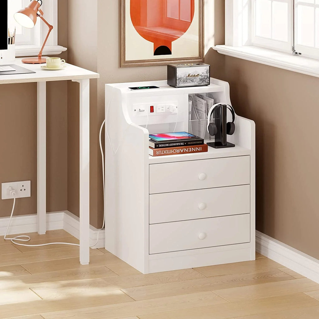 ADORNEVE Nightstand with Charging Station and 3 Storage Drawers, White