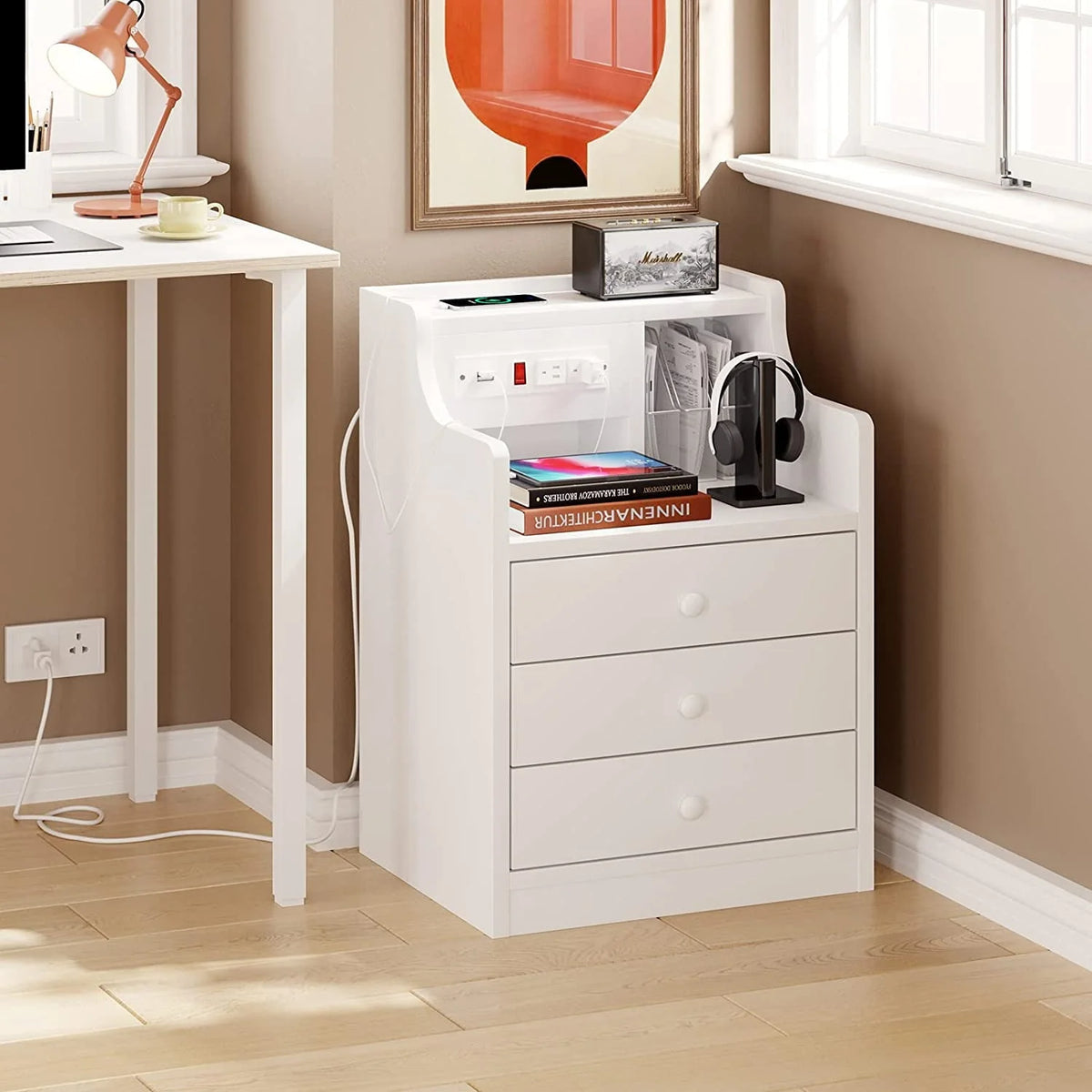 ADORNEVE Nightstand with Charging Station and 3 Storage Drawers, White