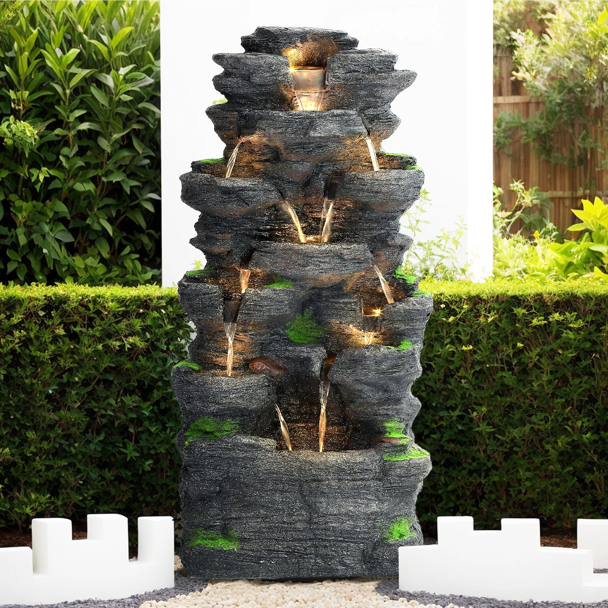 Haverchair 7 Tier Cascading Rock Outdoor Water Fountain, Garden Freestanding Rockery Natural Waterfall Fountains Outdoor with LED Light, Soothing Tranquility Fountains for Home Garden Yard, 24"H