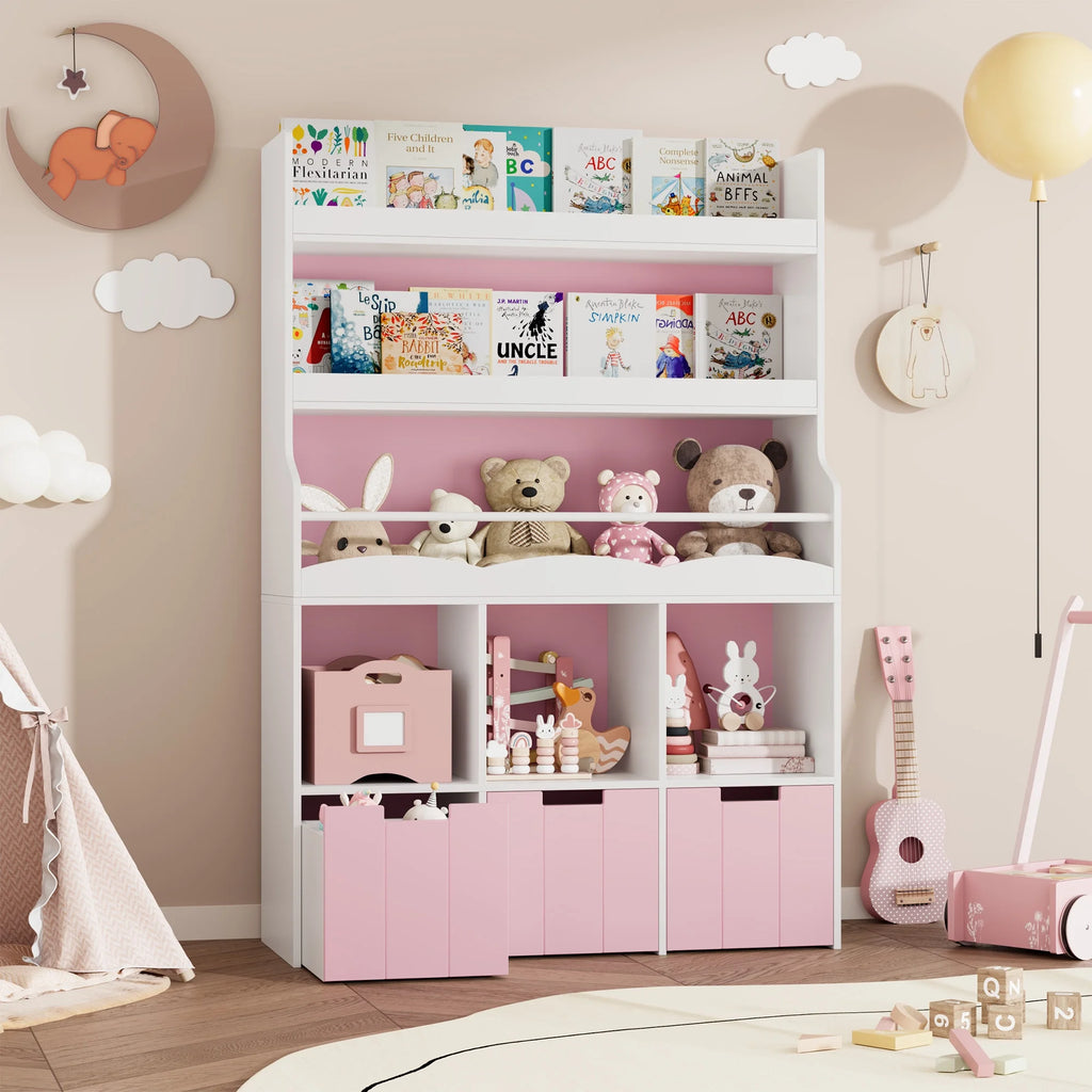 Homfa 55.5 H Kids Bookshelf with 2-Tier Book Shelves, Children Toy Organizer with 3 Cubes and Removable Drawers, White