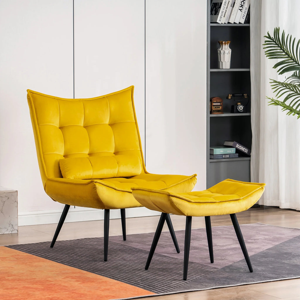 MCombo Accent Chair with Ottoman, Velvet Modern Chairs with Metal Legs for Living Room 4079 (Yellow)