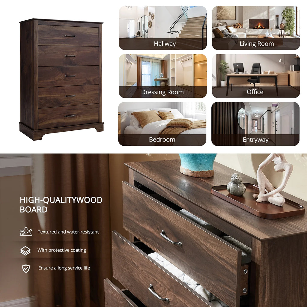CHITOOMA 5 Drawer Dressers for Bedroom, Adult Tall Wooden Chest of Drawers, Storage Cabine for Living Room Entryway, Gray