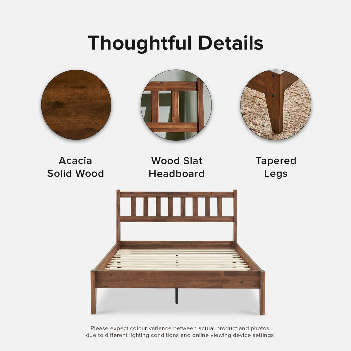 Mopio Ted Queen Bed Frame with Headboard, Full Size Bed Frame, Mid Century Modern Acacia Solid Wood Platform Bed Frame, Wooden Bed Slats, No Box Spring Needed, Double Metal Bar Support, Walnut