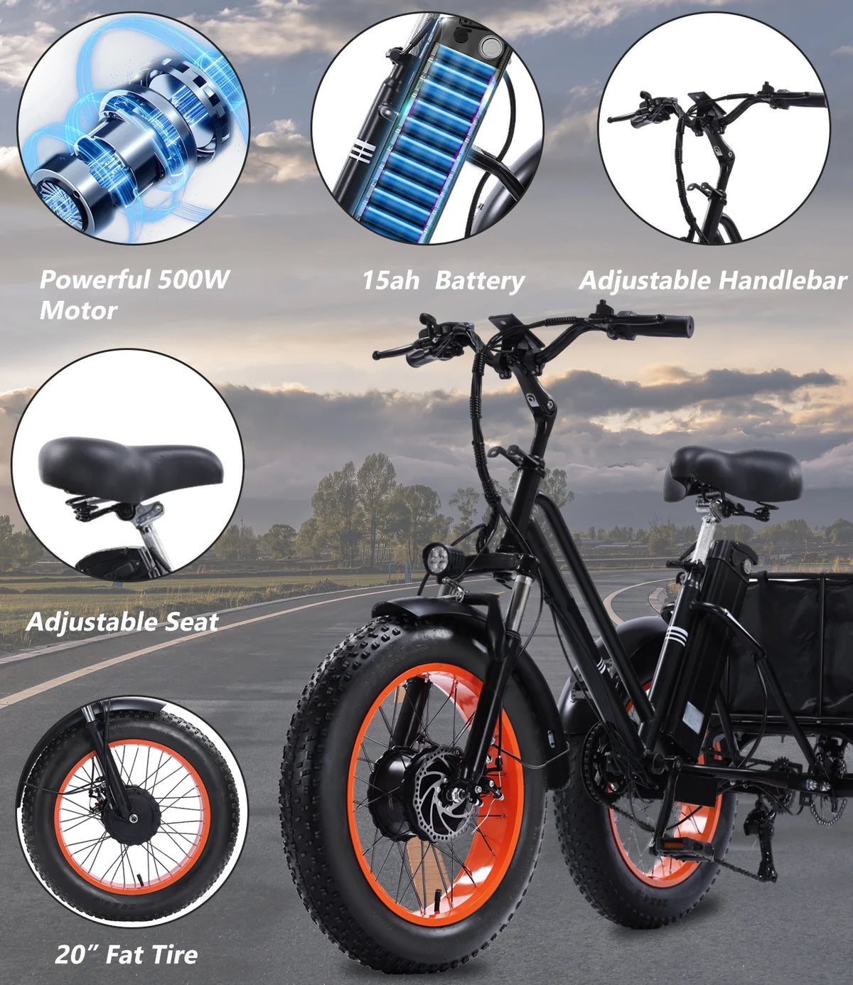 YEBEI Electric Tricycle for Adults Folding E-Trike Motorized Tricycle Electric 3 Wheels Trike Powerful 500W Motor Electric Tricycle 48V15AH Lithium Battery Max 20MPH 20*4.0 Fat Tire Orange