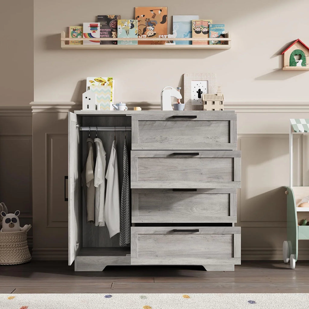 Ataucjin Wood Armoire Wardrobe Closet with 4 Drawers and Door, 43.3" H Bedroom Wardrobe Cabinet with Hanging Rod, Clothing Storage Cabinets, 4 Drawers Dresser with Storage Closet