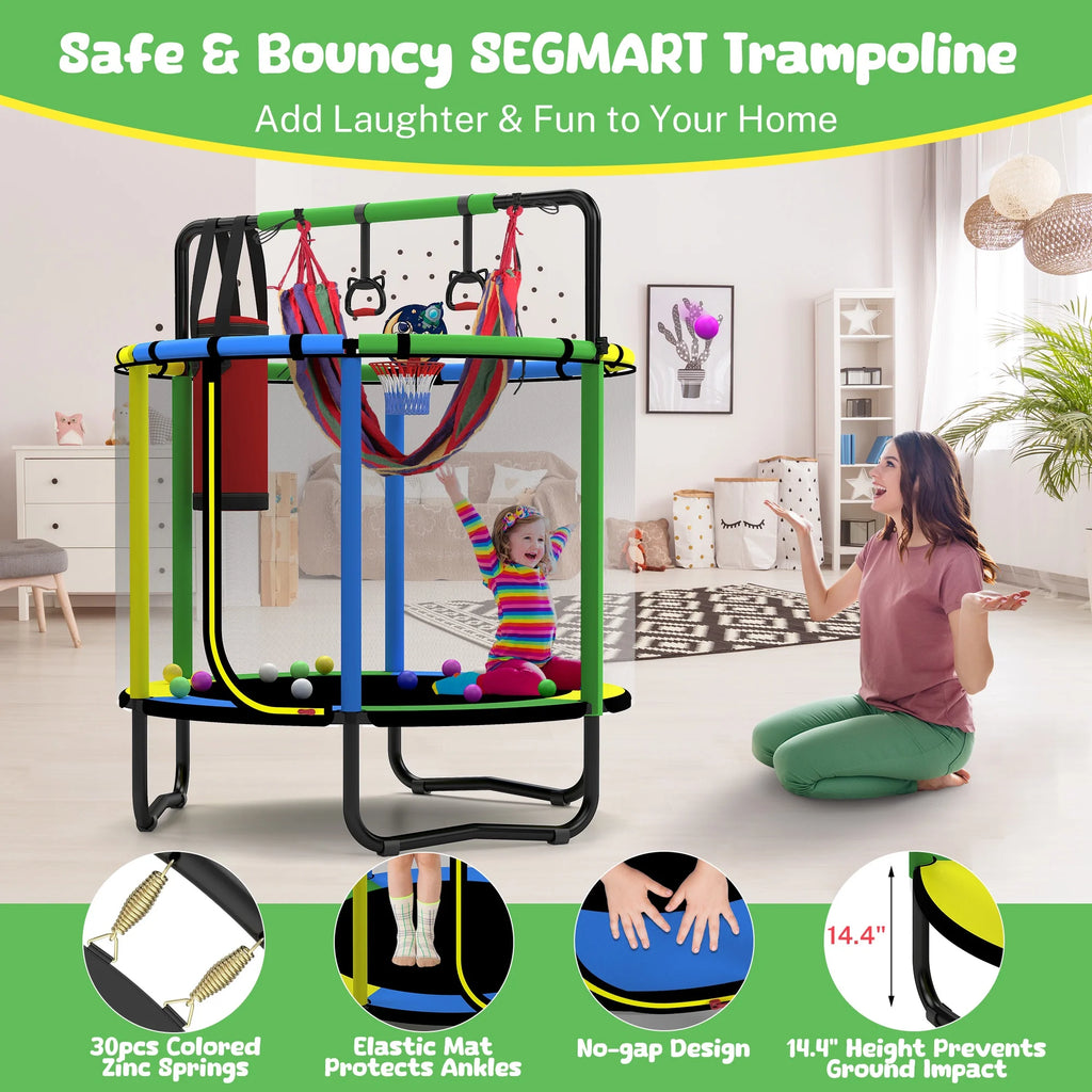 Mini Round Trampoline for Kids with Basketball Hoop, SEGMART 55'' Indoor Outdoor Toddler Trampoline with Enclosure Net, Swing, Sandbag, Ring, Ocean Balls, Small Trampoline Gift for Boys Girls, Blue