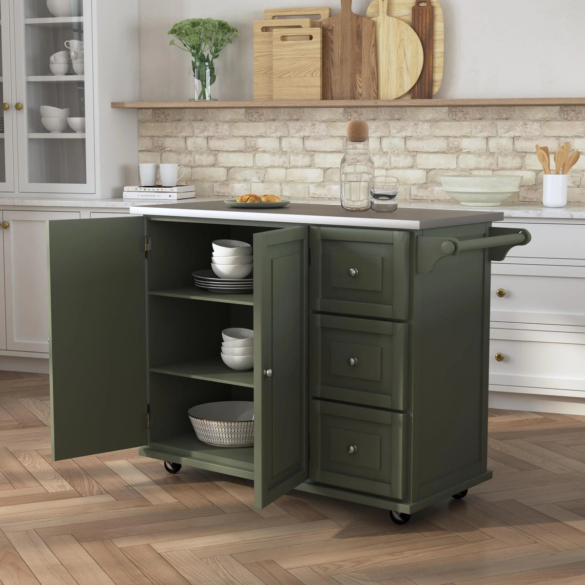 Homestyles Dolly Madison Engineered Wood Kitchen Cart in Sage Green/Nickel