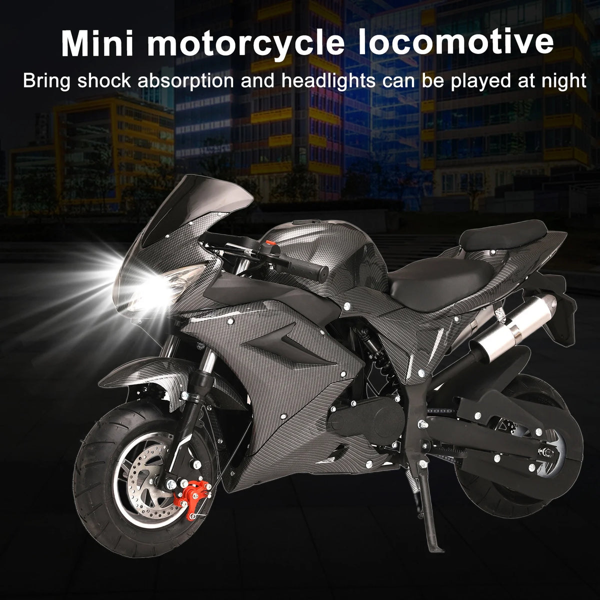 49cc 4-Stroke Pocket Rocket Motorcycle, Mini Motorcycle, Gas Pocket Motorbike with Front Rear Disc Brakes, Racing Max Speed 25MPH, Dual Headlights-Black