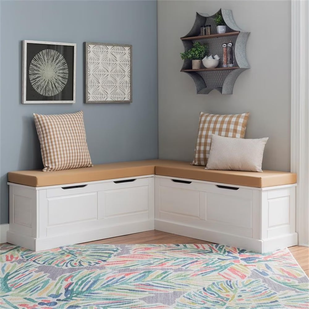 Pemberly Row Natural White Wood Nook With Green Polyester Fabric Cushions