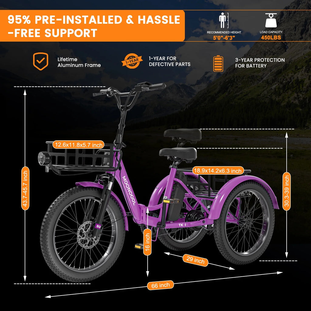 MOONCOOL TK1 Folding Electric Tricycle for Adults,48V 14.5Ah Removable battery, 500W Peak 1000w Motor, 20" Fat Tire Step-Thru 3Wheel Electric Bicycle w/Front&Rear Baskets, Certified to UL 2849 by SGS