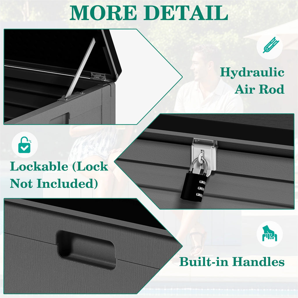 130 Gallon Resin Deck Box, Outdoor Lockable Storage Container for Patio Cushions, Garden Tools, Pool Supplies, Toys, Waterproof and UV Resistant, Reinforced Rib Design, Gray