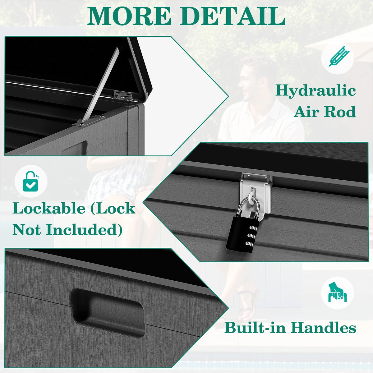 130 Gallon Resin Deck Box, Outdoor Lockable Storage Container for Patio Cushions, Garden Tools, Pool Supplies, Toys, Waterproof and UV Resistant, Reinforced Rib Design, Gray