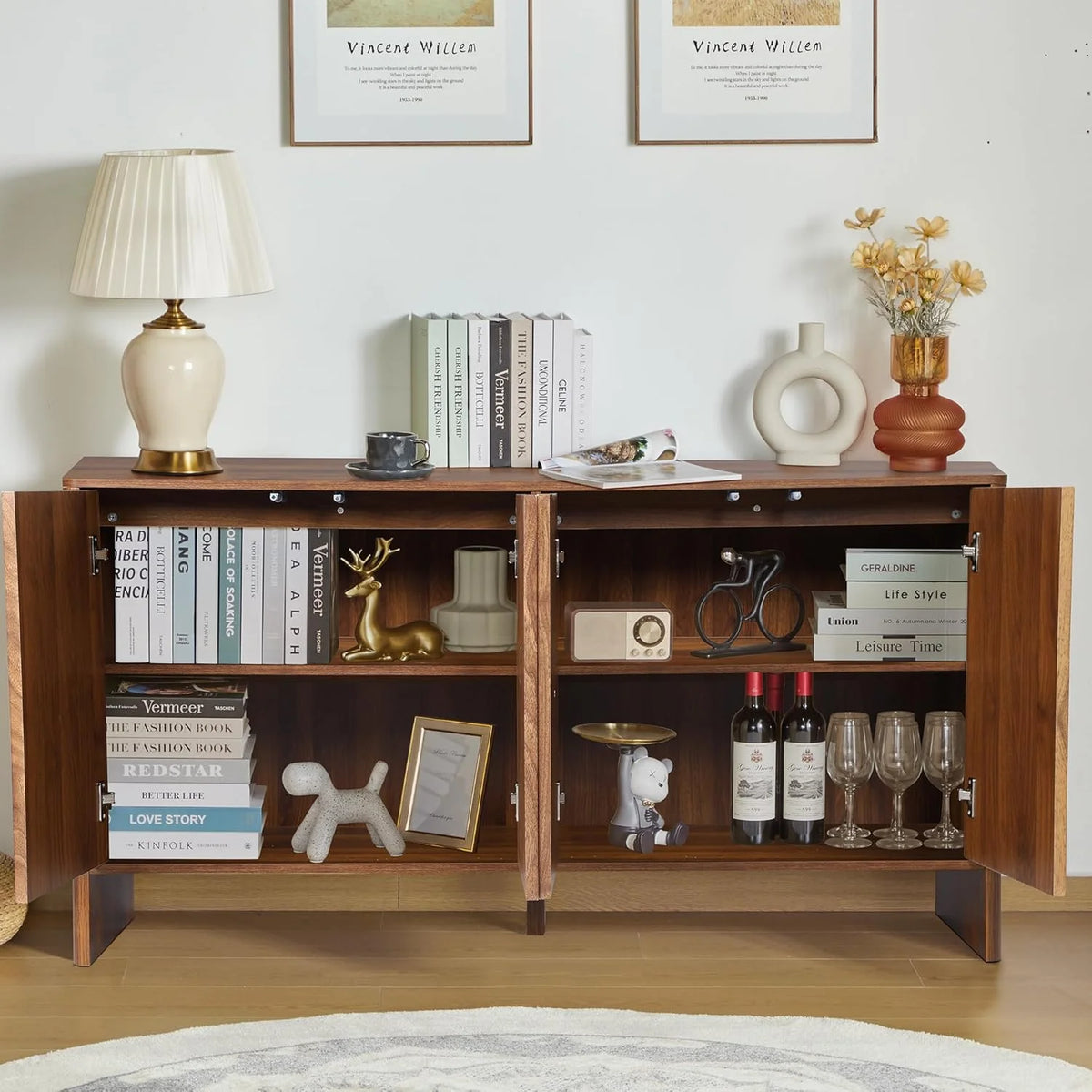 Wirrytor Sideboard Storage Cabinet with Doors and Shelves, Buffet Cabinet with Storage, Credenza Storage Cabinet for Kitchen, Wooden Fluted Cabinet, Under TV Cabinet with Storage - Black