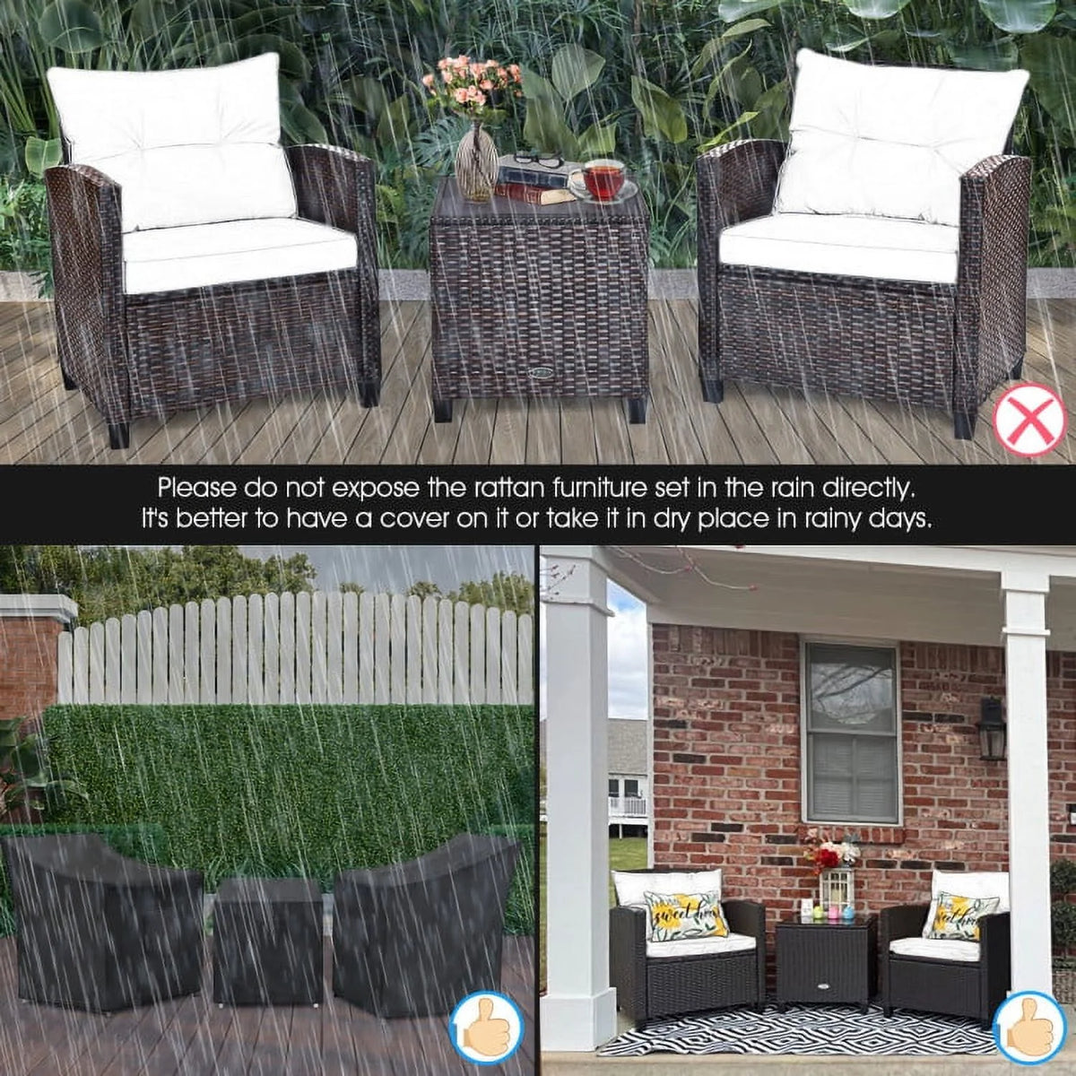 Spaco Patio Furniture 4 Pieces Patio Rattan Furniture Set, Outdoor Wicker Rattan Chairs Garden Backyard Balcony Porch Poolside loveseat with Coffee Table Cushioned Sofa-White