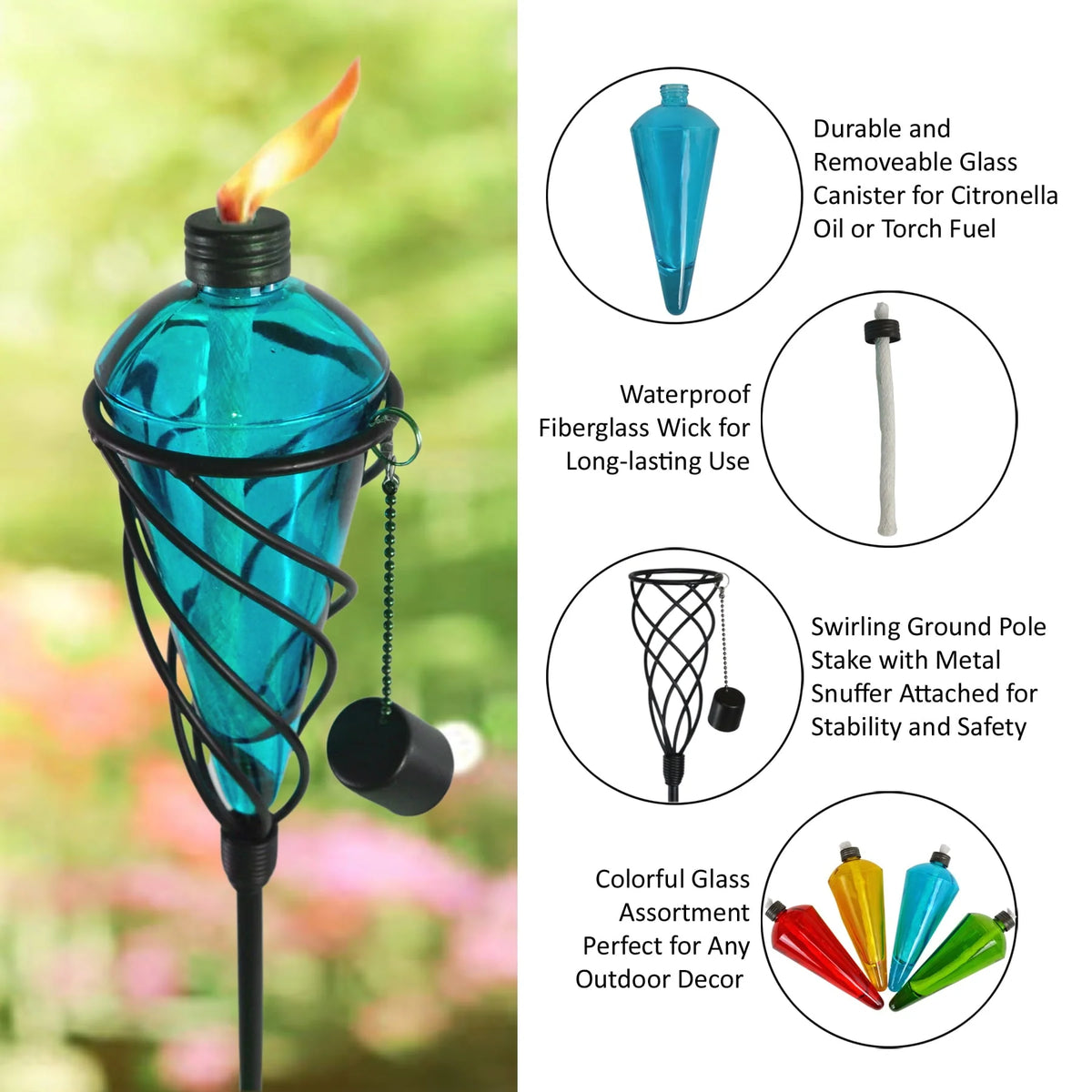 Westcharm 4 Pack 60 Inch Glass Garden Torch Light with Swirling Metal Ground Pole - Burning Citronella Torch Fuel | Outdoor Lighting for Party Patio Pathway Garden Décor - Assorted Colors