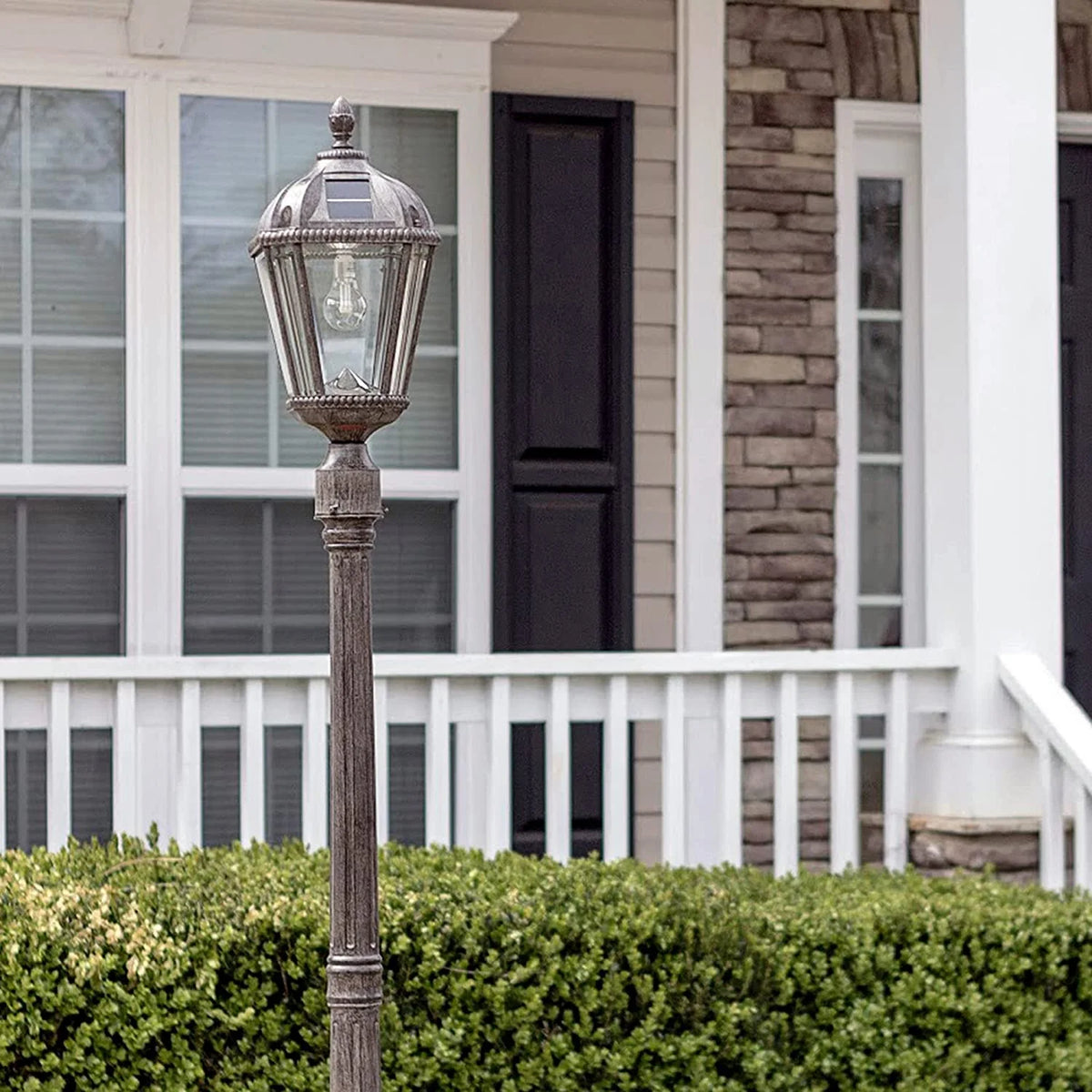 Gama Sonic Solar Outdoor Lamp Post Light, Black Cast Aluminum and Beveled Glass Panels, 10-Year Royal Bulb, Warm White LED with Omni-Direction Reflector, 87-inch Height, 98B001