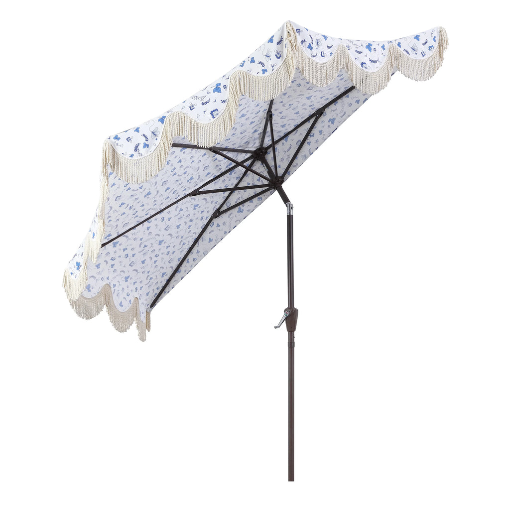 JONATHAN Y Beverly 9 ft. Half Market Patio Umbrella, Designer Classic Scalloped Fringe with Crank, Tilt Button and UV Protection, Blue/White/Cream, Dark Brown Pole