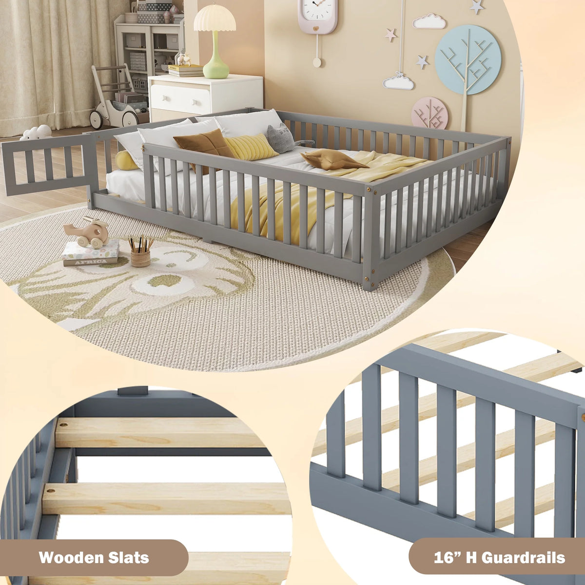 Bellemave Full Size Floor Bed with Door and Fence Floor Bed with Bed Slats Sturdy Wood Floor Bed Montessori Bed Frame (Full, Pink)