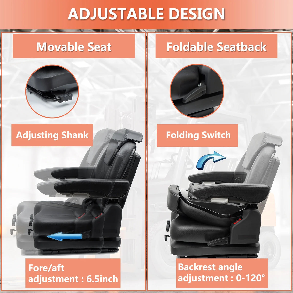 TICSEA Low Profile Suspension Tractor Seat, Adjustable Backrest & Slide Rails