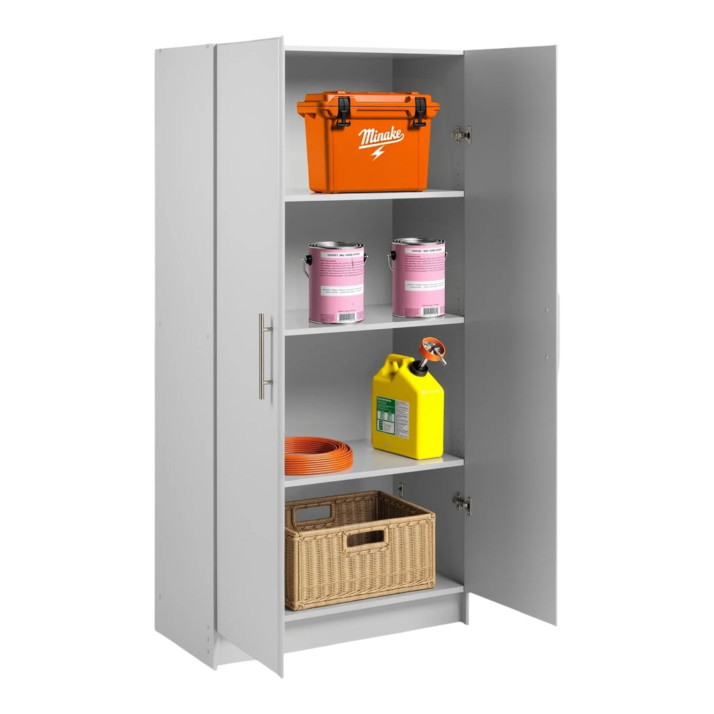Prepac Adjustable Shelves Cabinet - Functional Tall Garage Table, 16"D x 32"W x 65"H Freestanding Garage Cabinet with 2-Doors, Light Gray - GES-3264