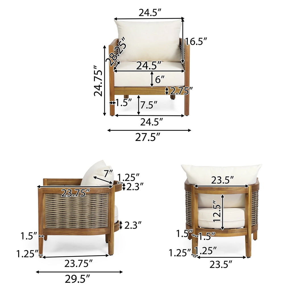 Morrow Outdoor Acacia Wood 4 Seater Chat Set with Cushions, Teak, Mixed Brown, and Beige