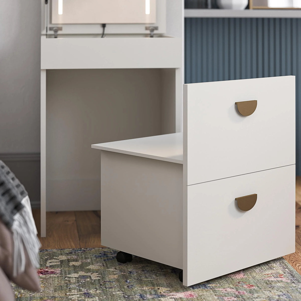 Ameriwood Home Compact 3-in-1 Vanity Set, Makeup Storage Desk & Stool, Mirror w/ LED lights & USB Charging Station, White
