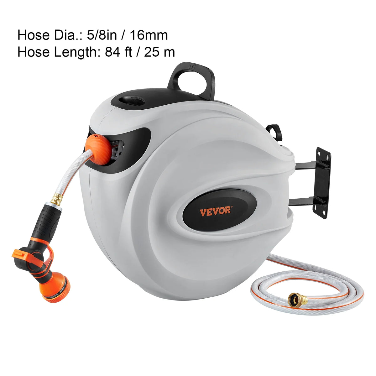 VEVOR Retractable Hose Reel, 84 ft x 5/8 inch, 180 Swivel Bracket Wall-Mounted, Garden Water Hose Reel with 9-Pattern Nozzle, Automatic Rewind, Lock at Any Length, and Slow Return System