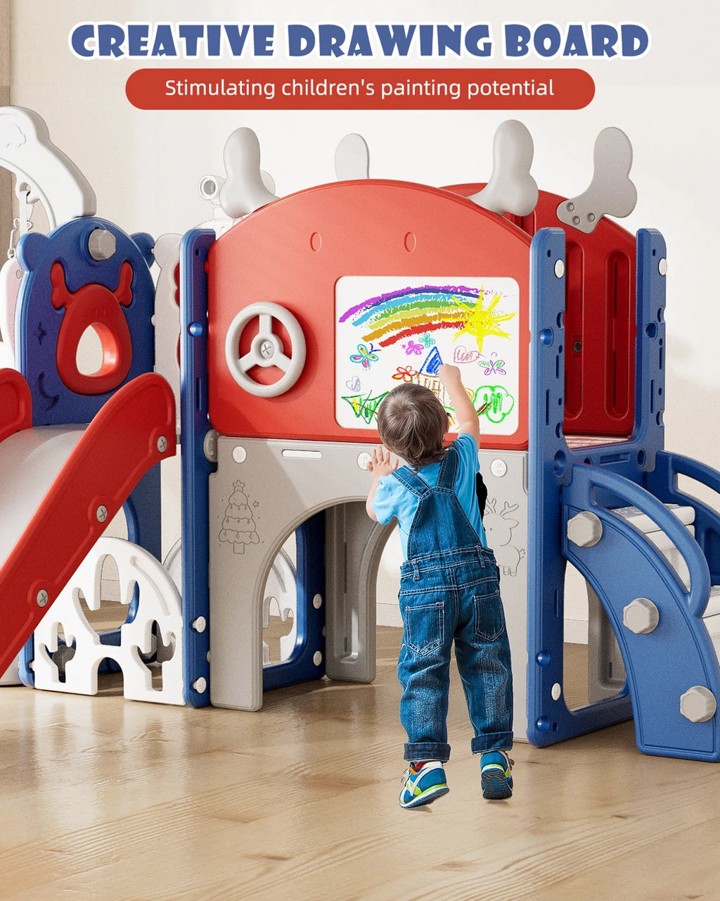 KORIMEFA 13-in-1 Toddler Slide, Kids Swing and Slide for Toddlers Age 1-4, Outdoor Indoor Playground Playset for Toddlers with Basketball Hoop and Ball Playset Telescope, Blue