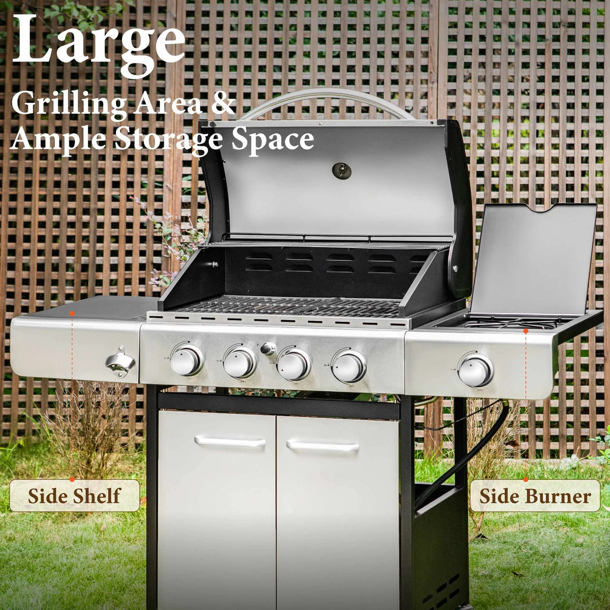 MF Studio 4 Burner Propane Gas Outdoor Grill with Side Burner Stainless Steel BBQ Grill
