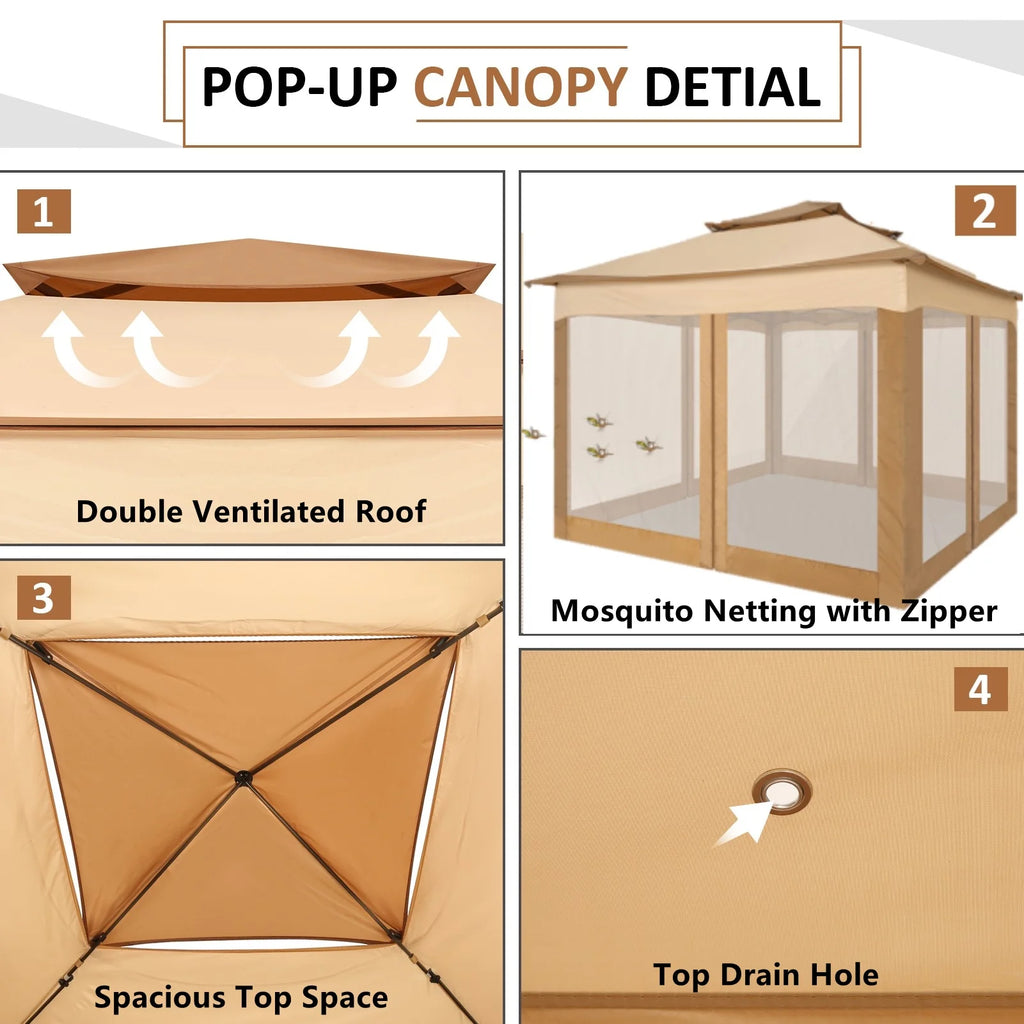 HOTEEL 12x12 Outdoor Pop-up Gazebo Canopy with Mosquito Netting 2-Tiered Vented Top 3 Adjustable Height for Backyard, Garden, Lawn,Light Grey