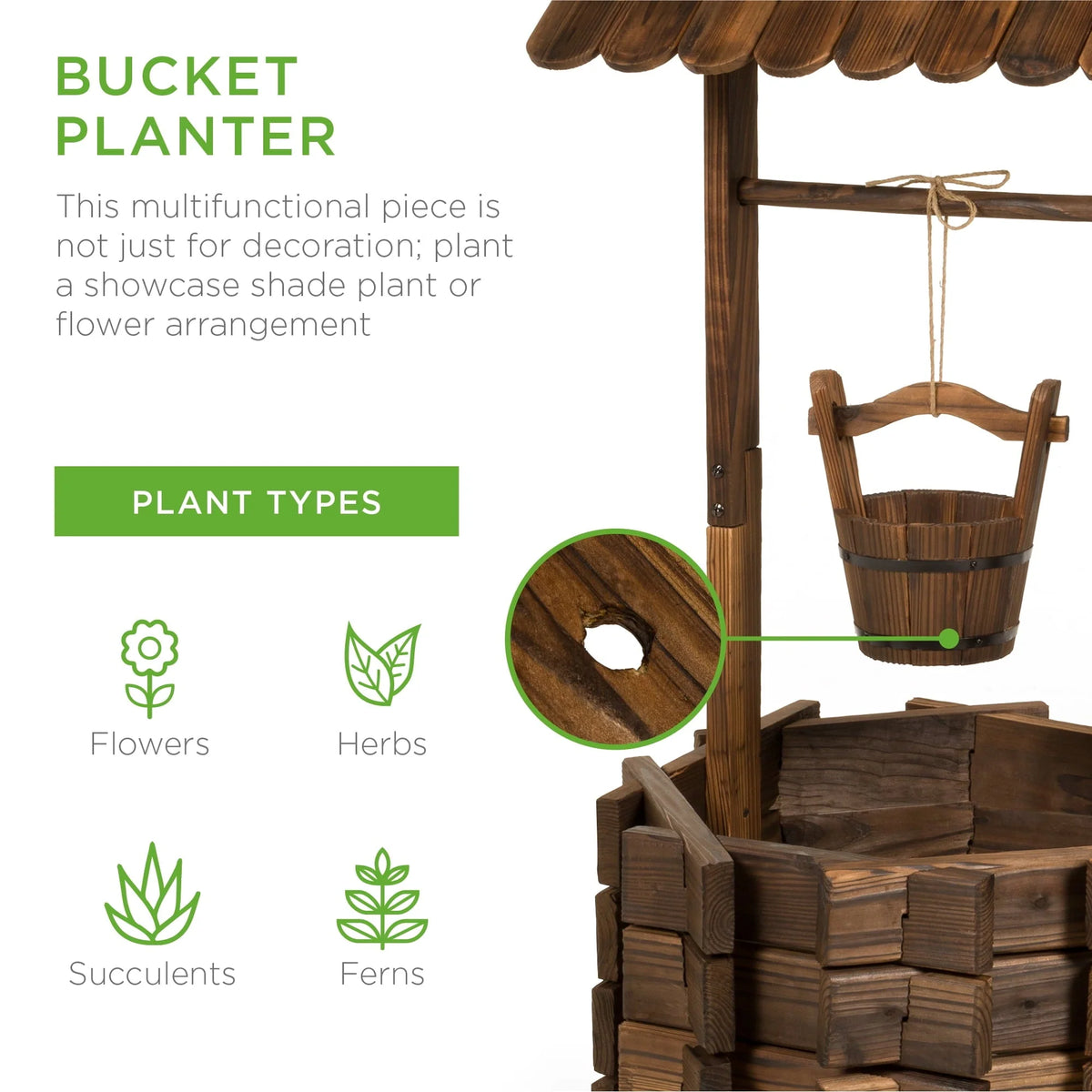Best Choice Products Rustic Wooden Wishing Well Planter Outdoor Home Decor for Patio, Garden, Yard w/ Hanging Bucket