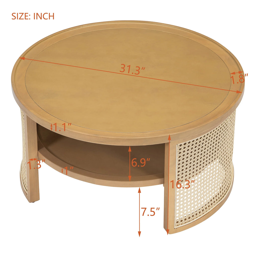 Harper & Bright Designs Rattan Round Coffee Table with Storage Shelf, Round Cane Wood Center Table for Living Room, 37'' Brown