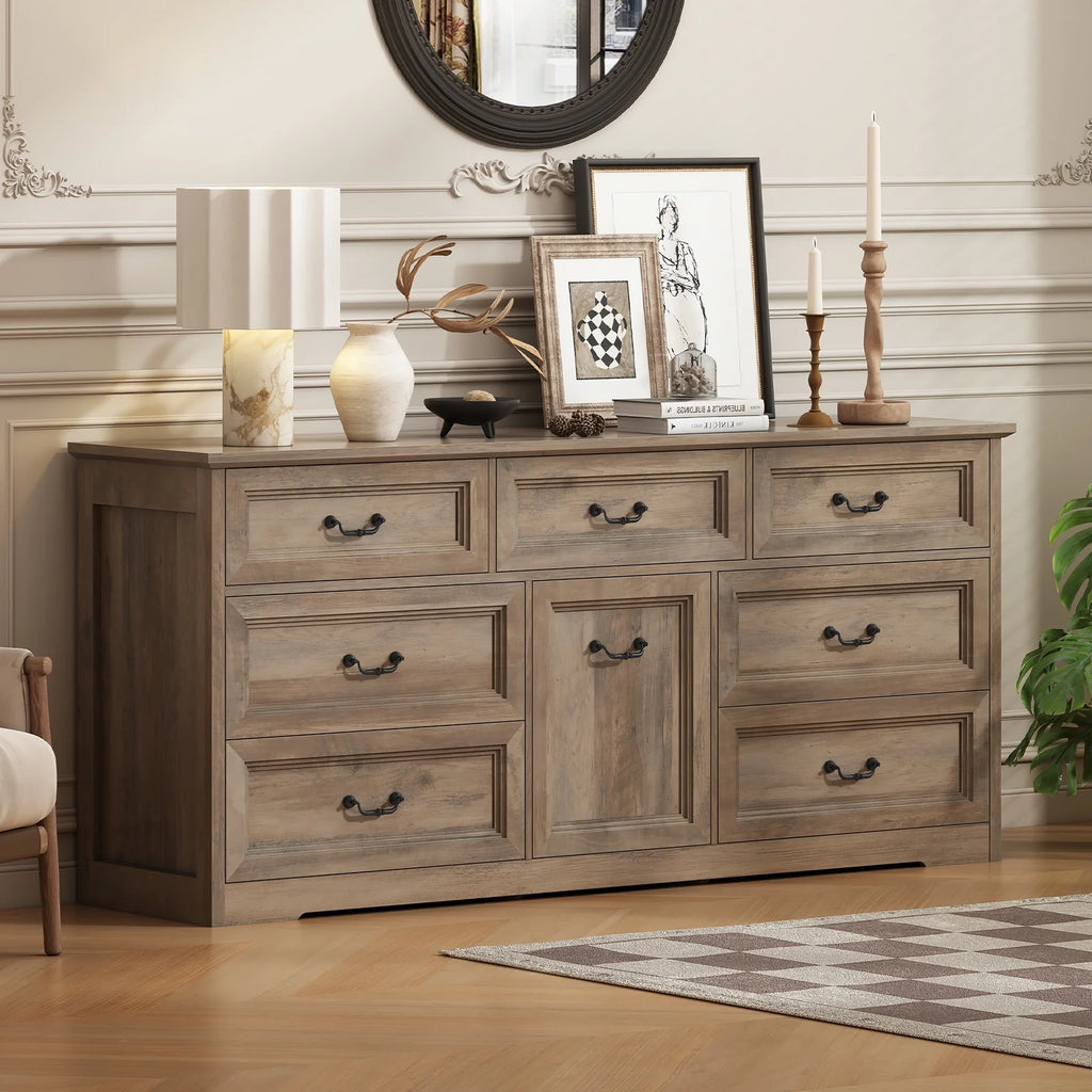 63" Wide Farmhouse 7-Drawer Dresser with 2 Laundry Hamper for Bedroom,Chest of Drawers, Gray Finish, Vintage Black Handles, Living Room Storage Cabinet,Gray
