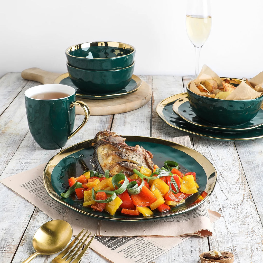 Stone Lain Florian Modern Porcelain Dish Set, 16-Piece Dishes for 4, Gold and Navy