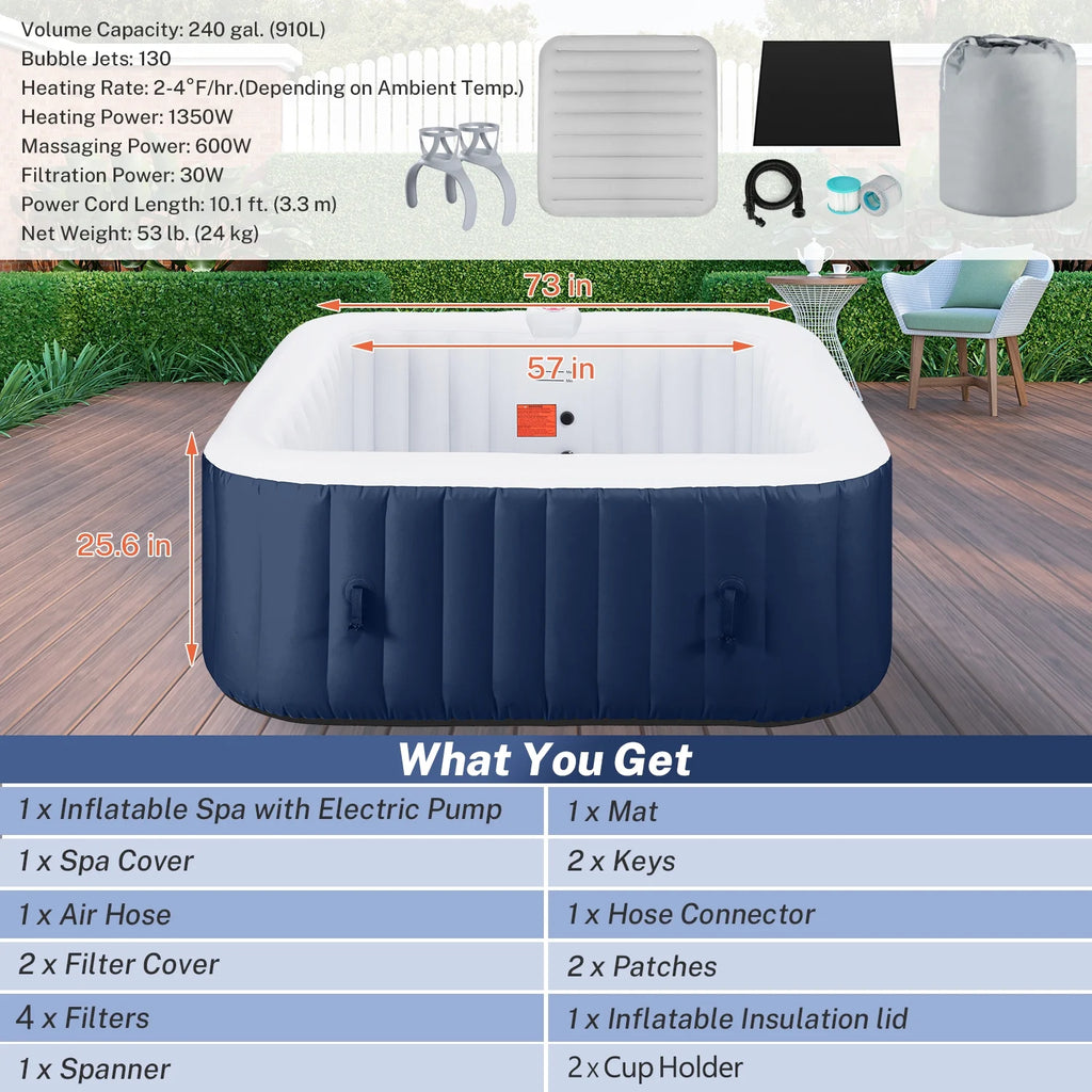 Hot Tub for 4-6 Person, Seizeen Outdoor Patio Large Inflatable Hot Tub Home SPA, with 130pcs Massage Jets, 910L, 4 Filters, 2 Cup Holders, Lockable Cover, Storage Bag, Max 104, 73in, Navy