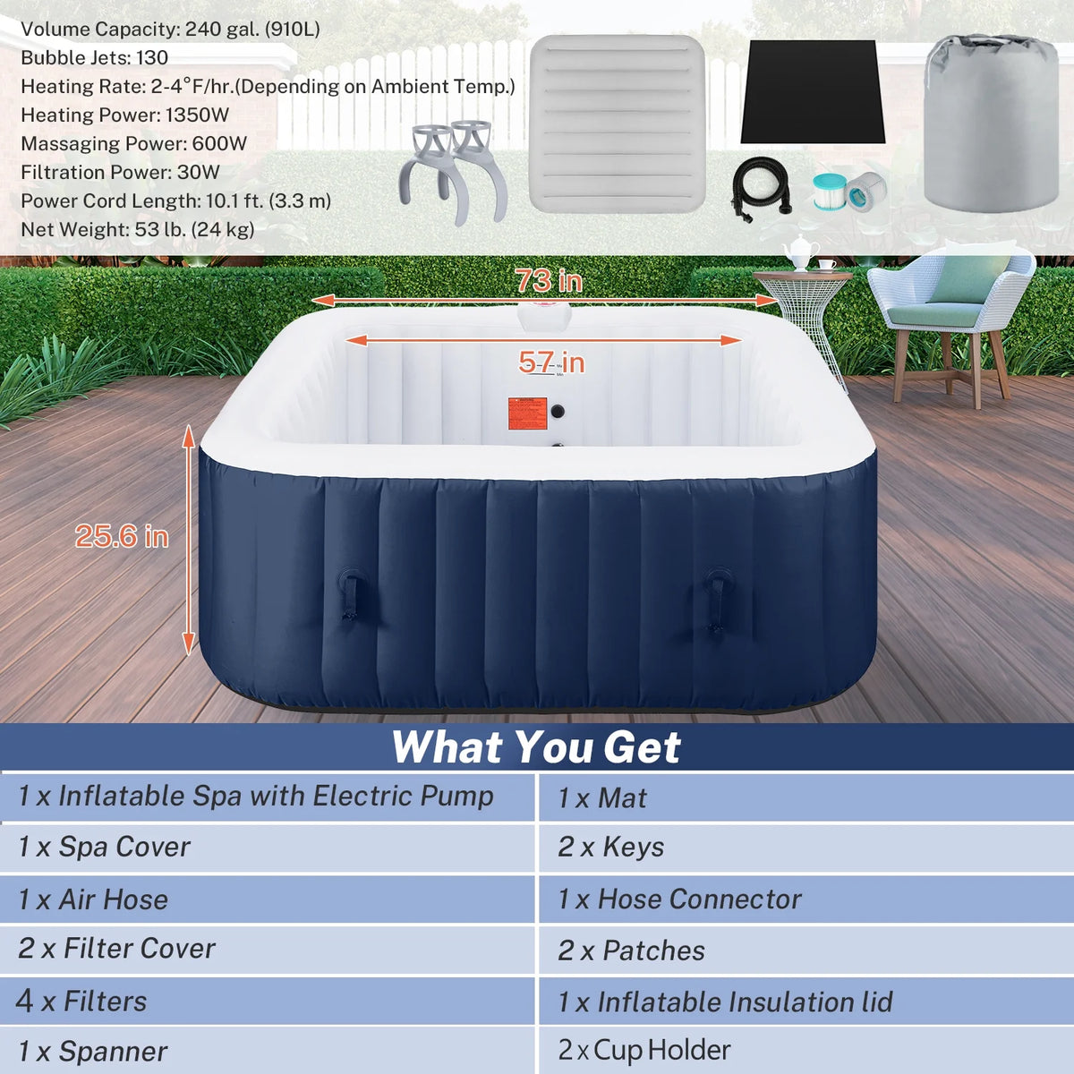 Hot Tub for 4-6 Person, Seizeen Outdoor Patio Large Inflatable Hot Tub Home SPA, with 130pcs Massage Jets, 910L, 4 Filters, 2 Cup Holders, Lockable Cover, Storage Bag, Max 104, 73in, Navy