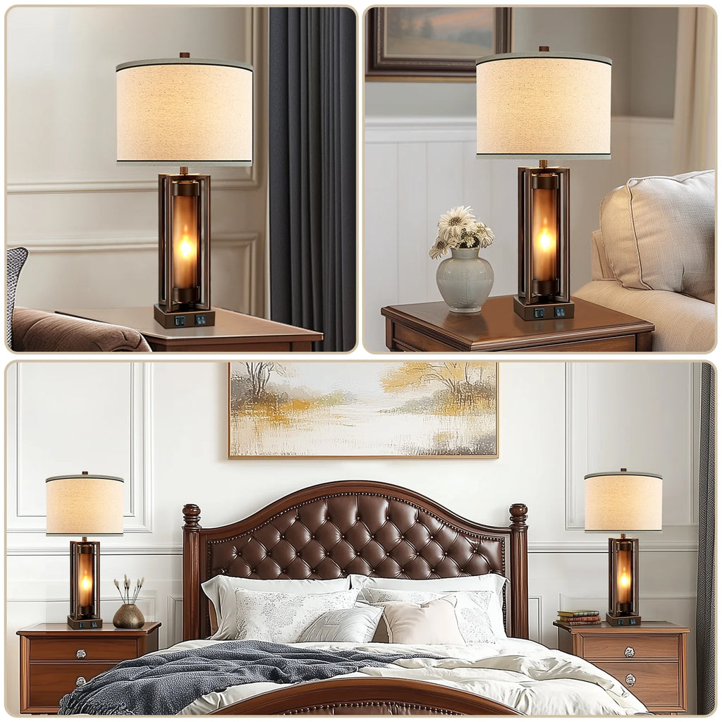 RORIA 24 Modern Living Room Table Lamp 2-Piece Set with 2 USB Charging Ports, Built-in White Frosted Glass with Night Light, Black Vintage Rustic Farmhouse Lamp for Bedroom Nightstand Lamps