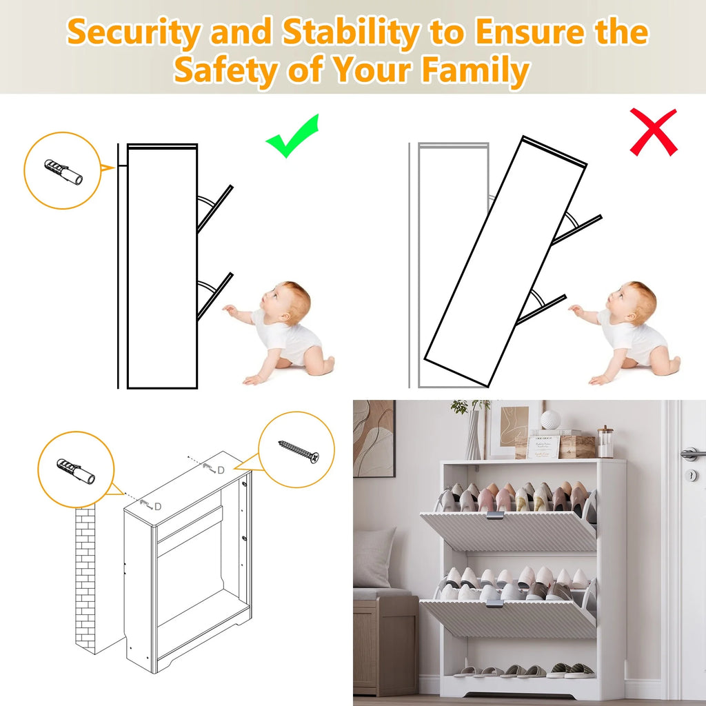 FANRAL Shoe Cabinet with 2 Flip Drawers & Open Storage,Fluted Shoe Storage Cabinet Rack Organizer with Adjustable Shelves for Entryway,Closet,Hallway,White