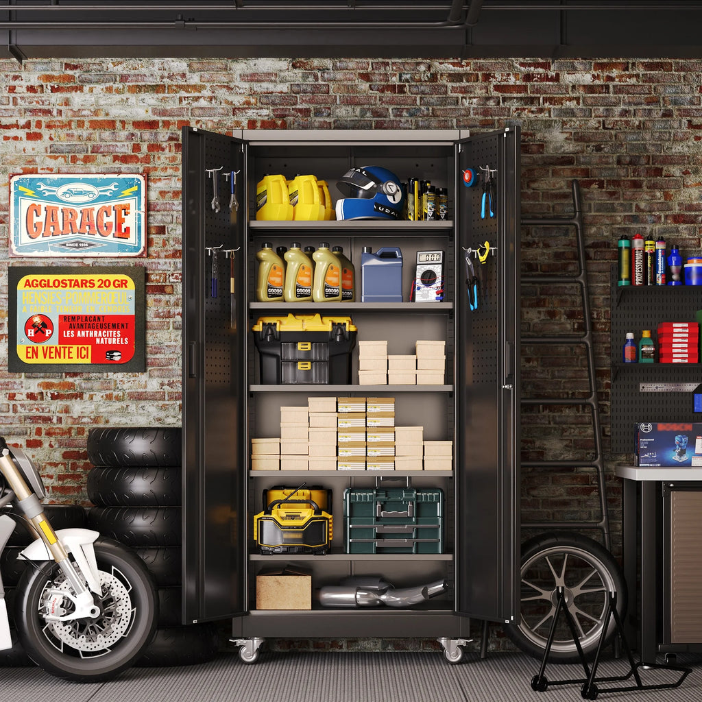 GangMei 71 Inches Tall Metal Garage Storage Cabinets with 5 Adjustable Shelves & Pegboards, Lockable Steel Black Storage Cabinet with Doors for Office, Home, School, Shops, Garage, Assembly required