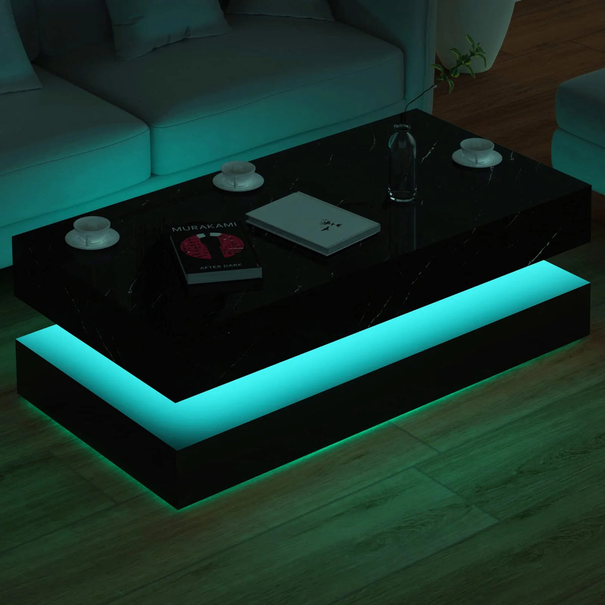 ChVans Large Black LED Coffee Table with 2 Storage Drawers, Modern High Gloss Coffee Table w/20 Colors LED Lights/APP Control, 2 Tiers Rectangle Large Living Room Furniture w/Marbling Print(47.3")
