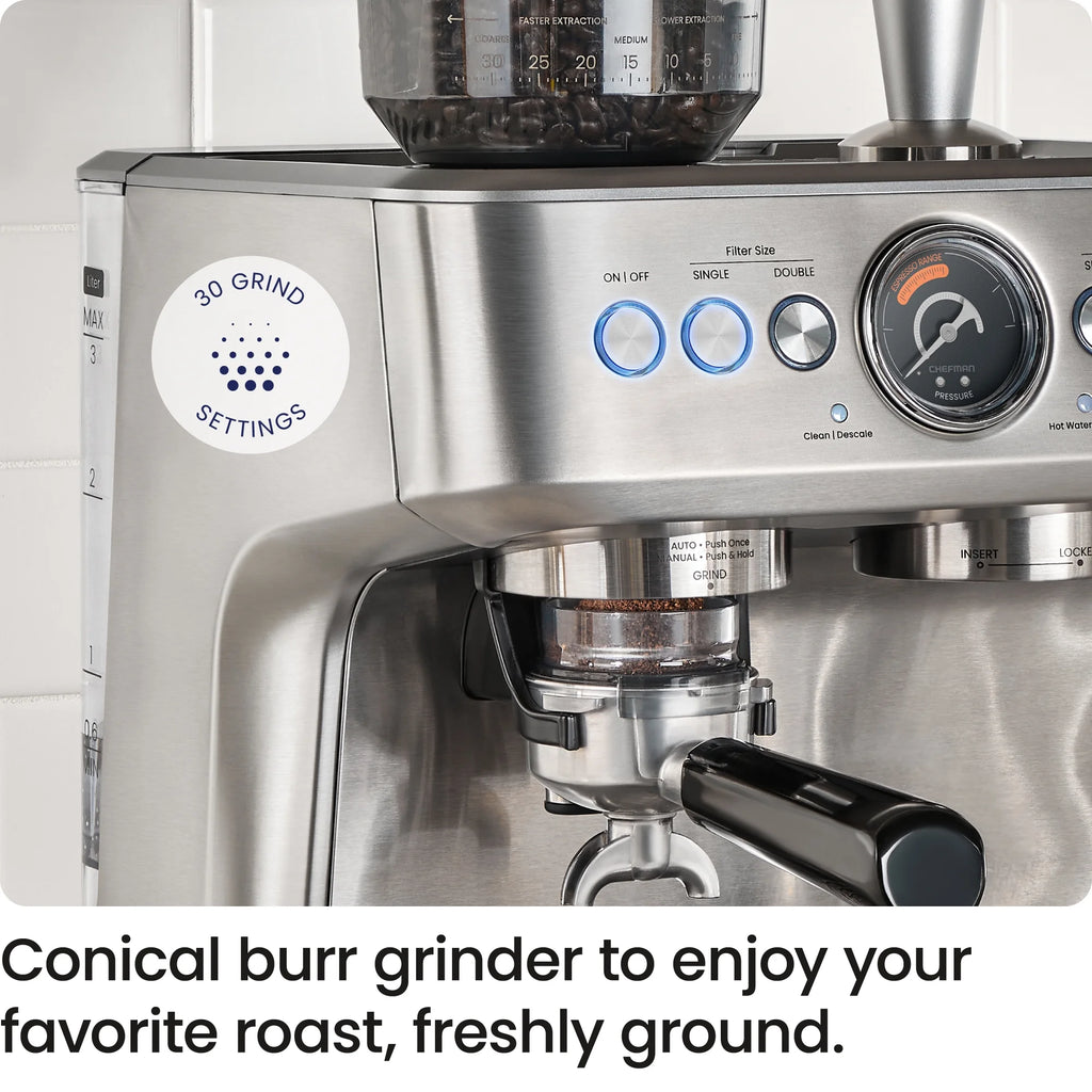 Chefman Crema Supreme Espresso Machine with Conical Burr Grinder and Steam Wand Stainless Steel, New