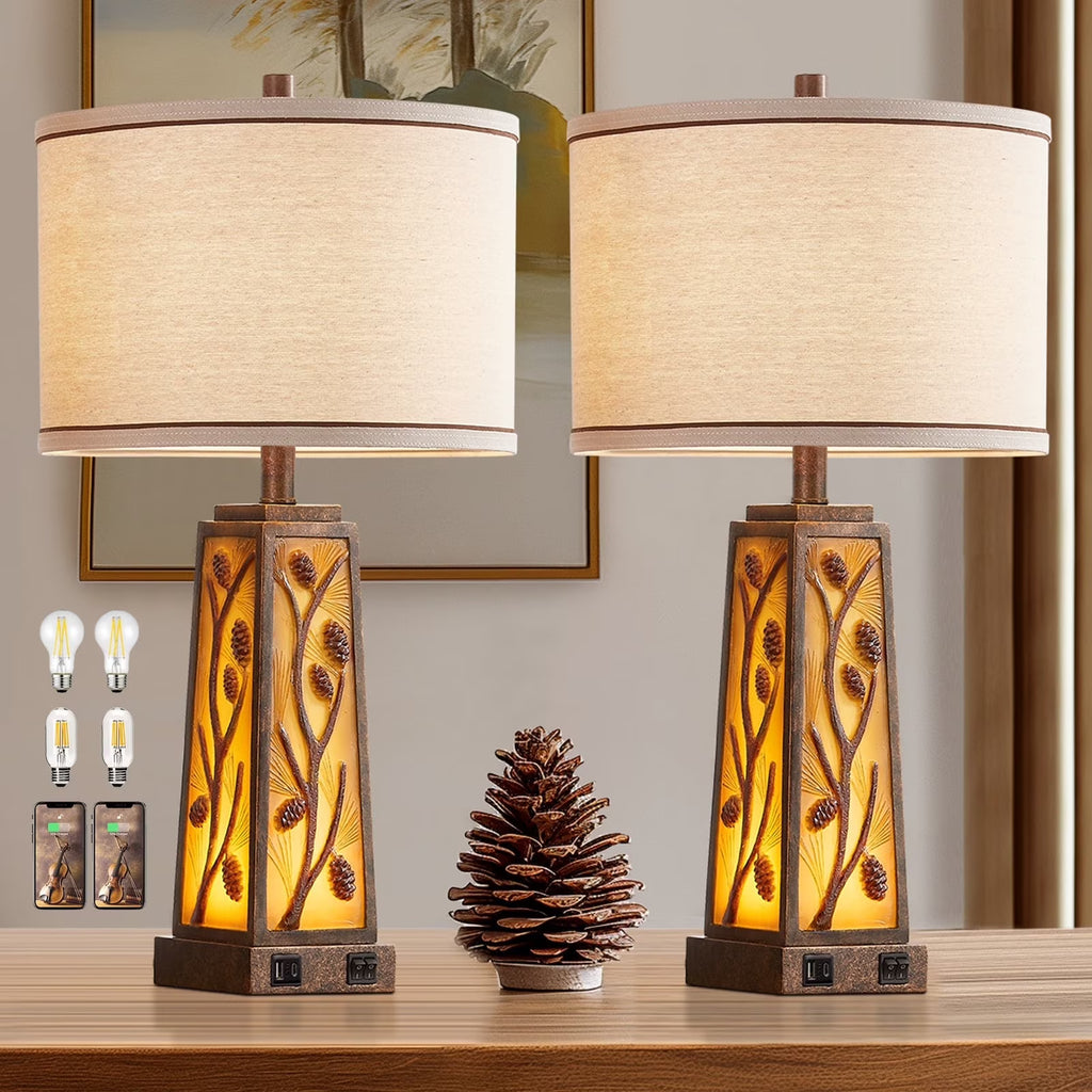 RORIA 24 Modern Living Room Table Lamp 2-Piece Set with 2 USB Charging Ports, Built-in White Frosted Glass with Night Light, Black Vintage Rustic Farmhouse Lamp for Bedroom Nightstand Lamps