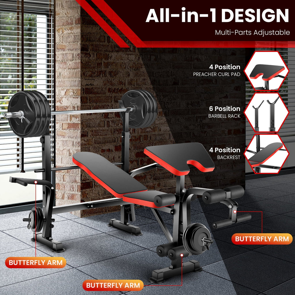 VIBESPARK Adjustable Weight Bench 600lbs 5-in-1 Foldable Workout Bench Set with Barbell Rack Leg Developer Preacher Curl Rack Dumbbell Fly Attachment, Multi-Function Strength Training Bench Press