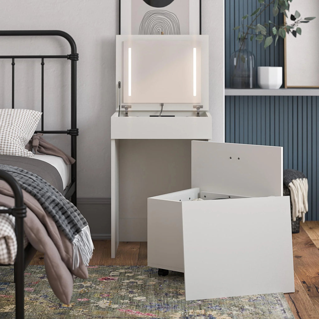 Ameriwood Home Compact 3-in-1 Vanity Set, Makeup Storage Desk & Stool, Mirror w/ LED lights & USB Charging Station, White