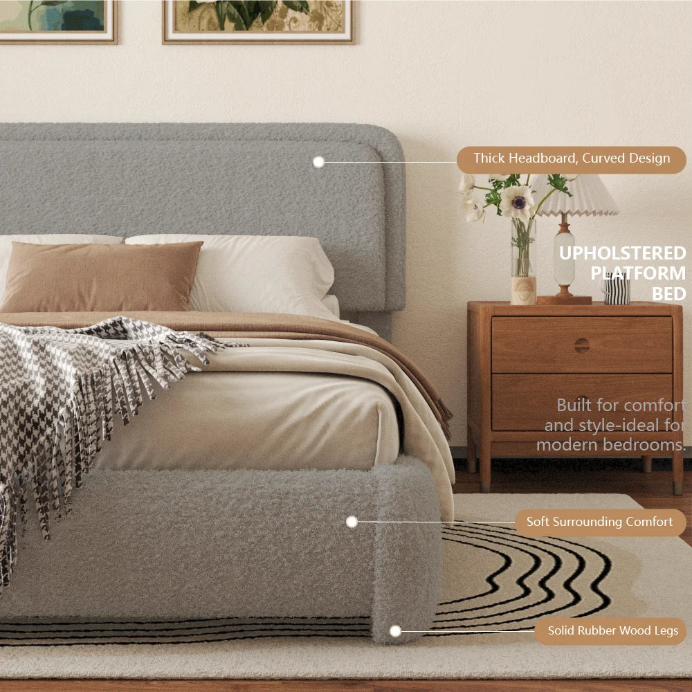 VIPLOV King Size Boucle Bed Frame, Cloud Upholstered Platform Bed with Height Adjustable Headboard & Soft Rounded Corners, No Noise Free, Easy Assembly,Beige