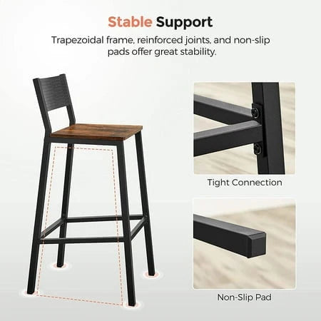VASAGLE Bar Stools Set of 2 Bar Chairs Tall Bar Stools with Backrest Industrial in Party Room Rustic Brown and Black