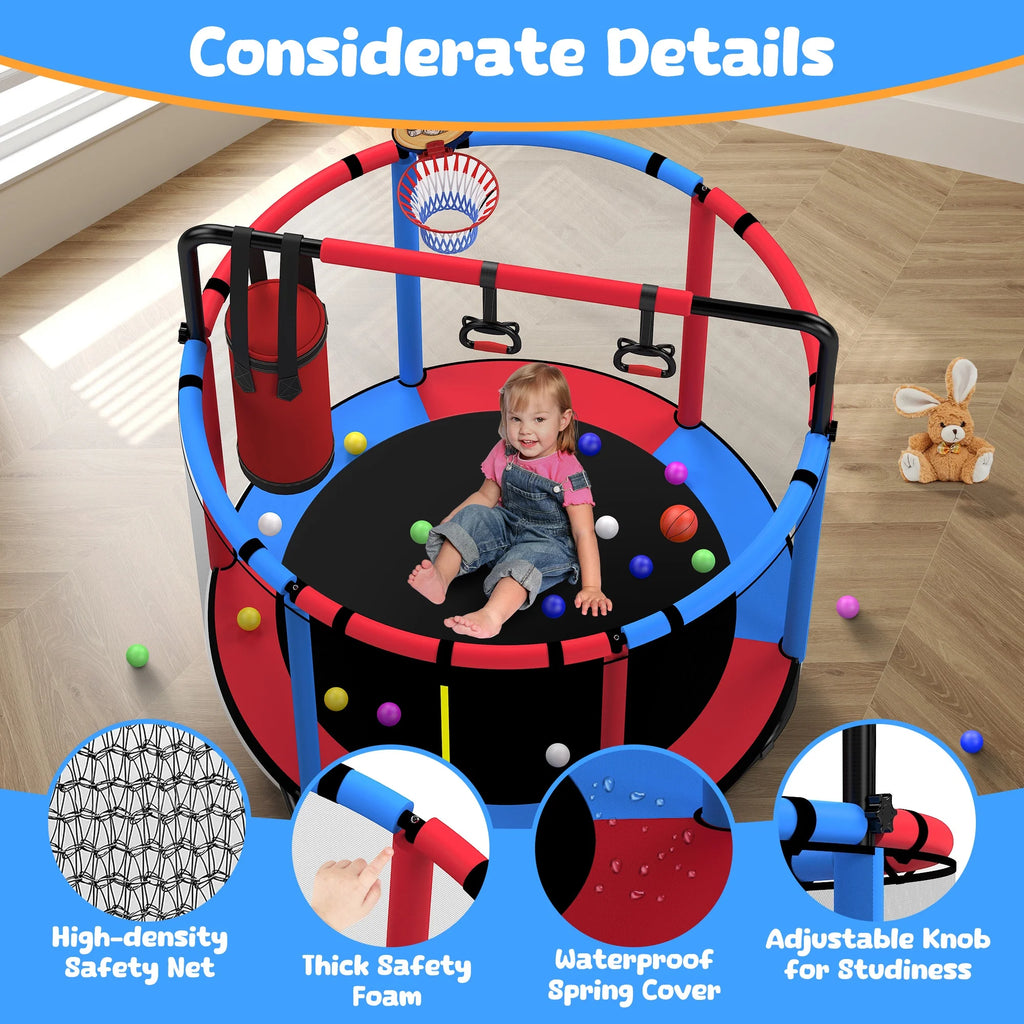 Mini Round Trampoline for Kids with Basketball Hoop, SEGMART 55'' Indoor Outdoor Toddler Trampoline with Enclosure Net, Swing, Sandbag, Ring, Ocean Balls, Small Trampoline Gift for Boys Girls, Blue